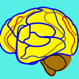 A bright yellow brain with a curved line connecting the left and right hemispheres, against a light blue background.