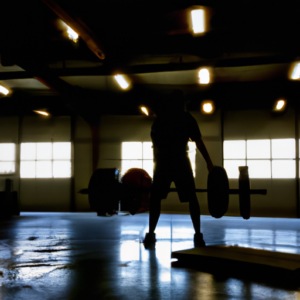 A silhouette of a person lifting weights in a gym.