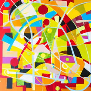A vibrant, abstract painting of geometric shapes and bright colors.
