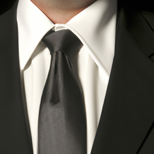 A close-up of a black business suit with a white shirt and tie.