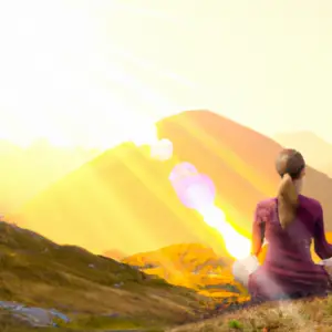 A woman meditating under a setting sun in a peaceful mountain landscape.