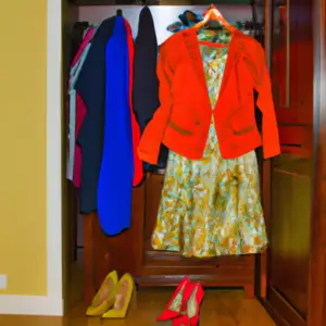 A vibrant colored outfit consisting of a dress, jacket, and stylish shoes, hung up in a closet.