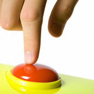A close-up of a hand pressing a big, brightly-colored button.