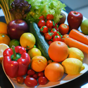 A plate of colorful fresh fruits and vegetables.