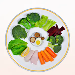 A plate with healthy food portions divided into sections.