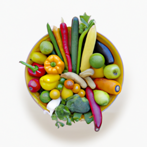 Suggestion: A bowl of colorful fruits and vegetables arranged in a circular shape.
