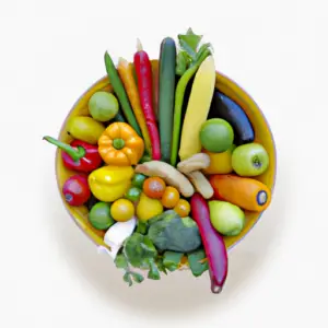 Suggestion: A bowl of colorful fruits and vegetables arranged in a circular shape.