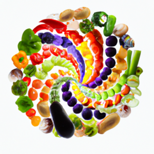 A bowl of colorful fruits and vegetables arranged in a spiral pattern.