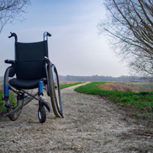 A wheelchair in an outdoor landscape with a path leading into the horizon.