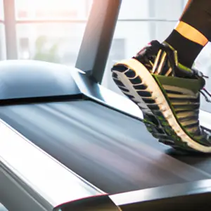 A pair of sneakers running on a treadmill in a brightly lit gym.