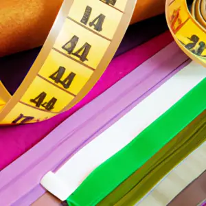 A close-up of a tape measure and fabric swatches in a rainbow of colors.