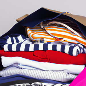 A stack of colorful clothing items in a shopping bag.