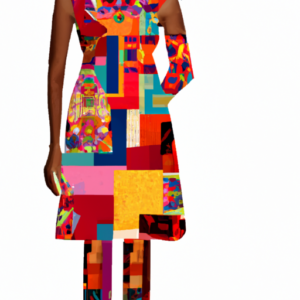 A woman wearing a colorful patchwork dress.