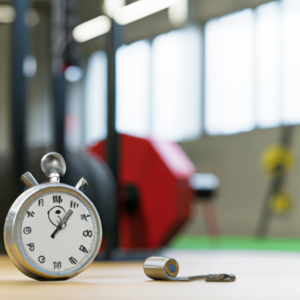 A gym with weightlifting equipment and a stopwatch in the foreground.