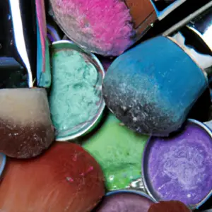 A close-up of a variety of makeup colors, textures, and brushes.