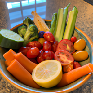 A bowl of colorful fresh vegetables and fruits.