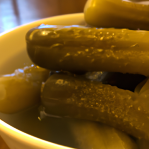 A bowl of pickles with droplets of condensation.