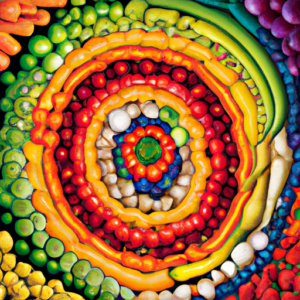 A bright rainbow of fruits and vegetables arranged in a spiral pattern.