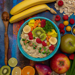 A bowl of oats with an assortment of colorful fruits and vegetables scattered around it.