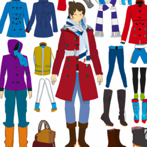 A colorful illustration of a woman in a layered outfit, with different types of clothing items such as a scarf, blazer, and boots.