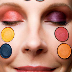 A close-up of a woman's face with colorful makeup swatches arranged in a circle around her eyes.