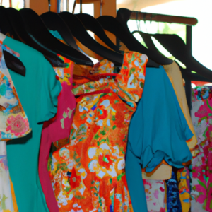 A bright and colorful array of boutique clothing, hung on a rack.