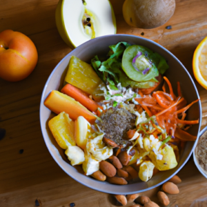 A bowl of fresh fruits and vegetables with a sprinkling of nuts and seeds.