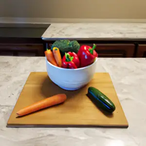 A bowl of colorful vegetables next to a cutting board.