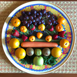 A plate of colorful fruits and vegetables arranged in a balanced pattern.