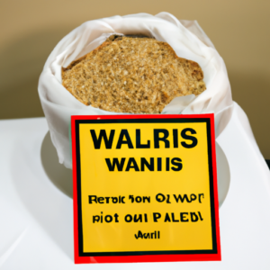 A bowl of wheat kernels with a warning sign draped over it.
