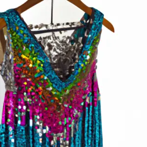 A brightly colored dress with sparkles and sequins draped on a hanger against a white background.