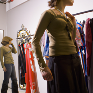 A woman trying on clothes in a fitting room, with various silhouettes of clothing hanging in the background.