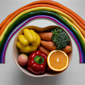 A bowl of colorful fruits and vegetables in a rainbow pattern.