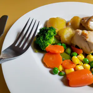 A plate of colorful, freshly-prepared food with a fork and knife placed on the side.