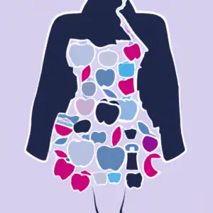 Suggestion: A woman's silhouette in an apple shape, with different pieces of clothing (e.g. skirts, shirts, jackets) draped over the outline.