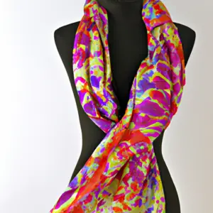 Brightly colored patterned fabric draped over a mannequin.