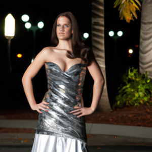 A woman wearing a white, black, and silver formal dress in a night-time outdoor setting.