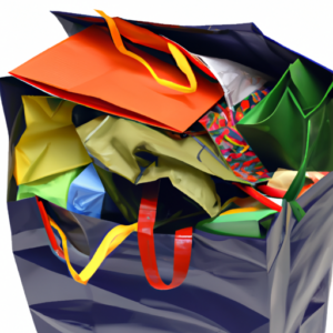 A shopping bag overflowing with various items of different colors.