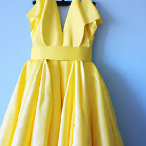 A bright yellow dress against a pale blue background.