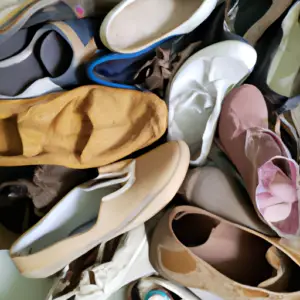 A pile of different colored shoes in a variety of sizes.