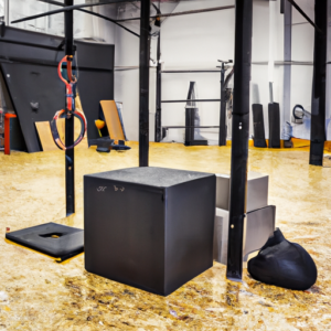 A gym with a variety of weight training equipment, including a plyometric box.