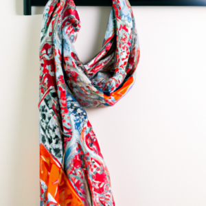A bright patterned scarf draped over a hanger against a light background.