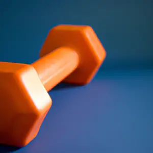 A bright orange dumbbell with a gradient of blue in the background.