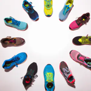 A group of colorful running shoes arranged in a circle.