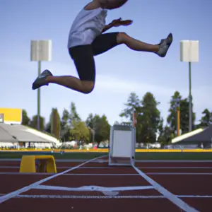 A human figure doing a plyometric jump with a blurred background of a track and field stadium.