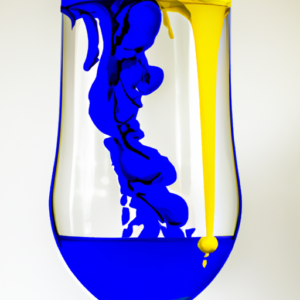 A beaker with a blue liquid and a yellow liquid, swirling together.