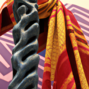 A multicolored scarf draped over an abstract sculpture.