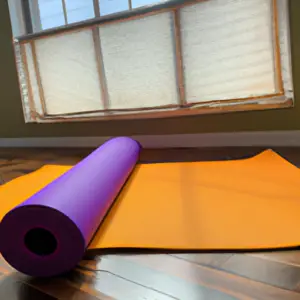 A brightly-colored yoga mat in front of a large window with natural light streaming in.