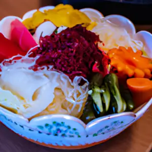 A bowl of colorful fermented vegetables and fruits.