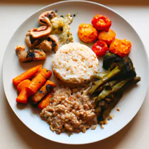 A plate of healthy food with portioned amounts on it.